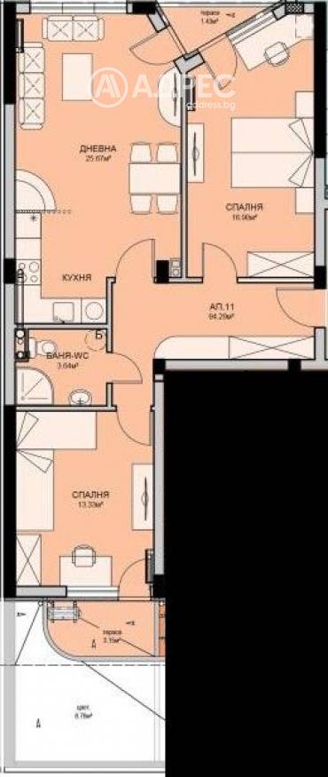 Тристаен апартамент, Бургас, Меден рудник - зона В, 679223, Снимка 1