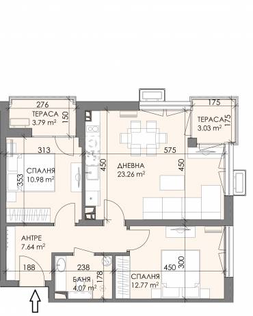 Тристаен апартамент, Бургас, Меден рудник - зона В, 630288, Снимка 1