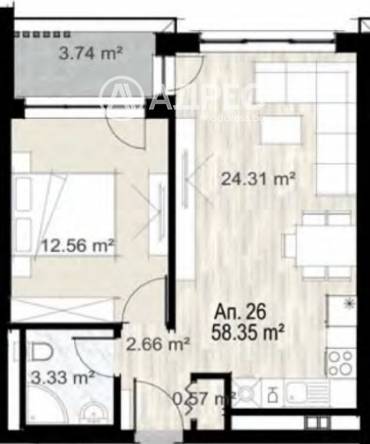 Двустаен апартамент, София, Зона Б 5, 696540, Снимка 1