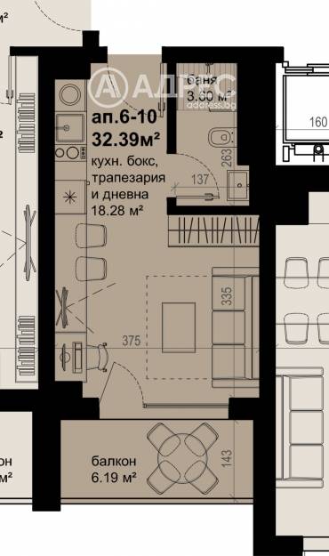 Едностаен апартамент, Бургас, Изгрев, 671966, Снимка 1